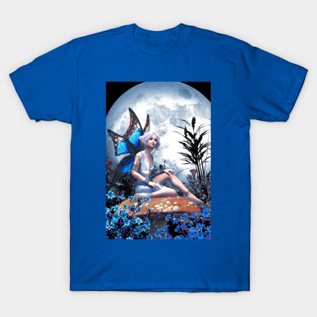 Fairy sitting on a mushroom under the moon T-Shirt by Fantasyart123